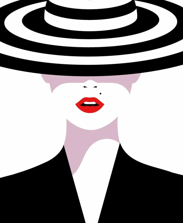 Minimalist art by Malika Favre featuring a woman in a black-and-white hat with red lips.
