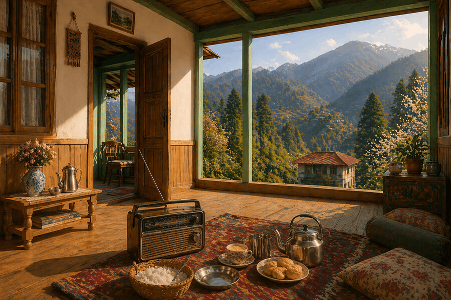 Old radio with chai and snacks on a Himachali veranda floor, winter childhood memories in the village