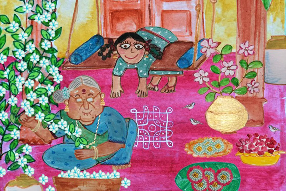 Grandmother picking jasmine flowers while little girl plays, Bohra Sisters nostalgic animation art