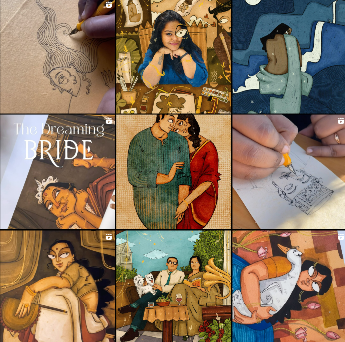 Watercolor collage of Indian characters in vintage and modern settings