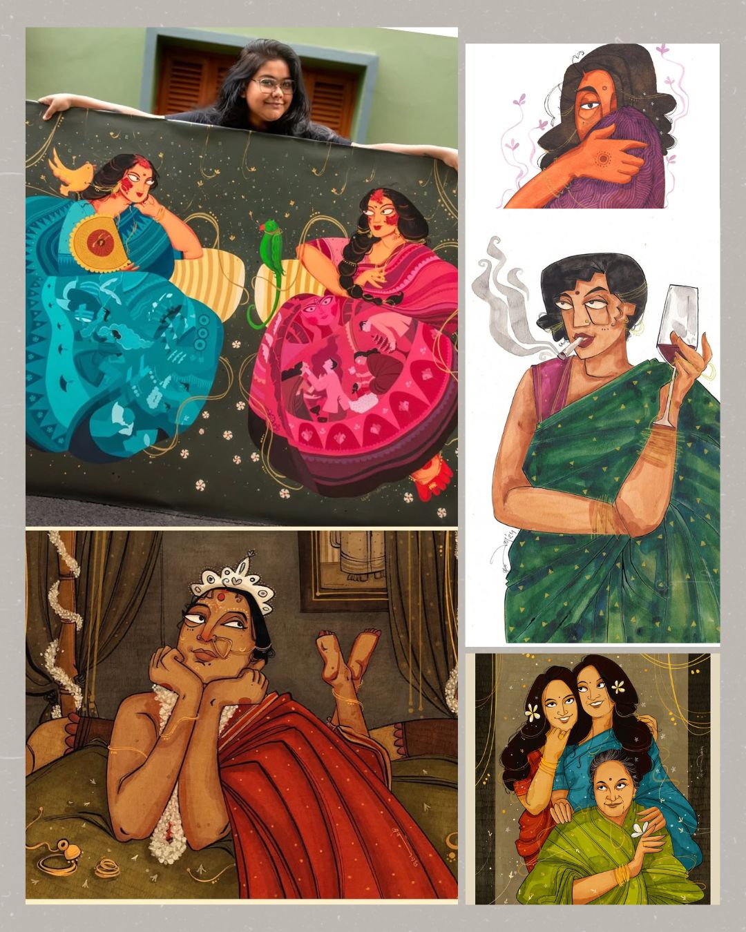 Three women in traditional attire depicted in expressive watercolor