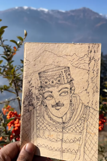 Himachali man drawn by Joyeeta, with mountains in the background